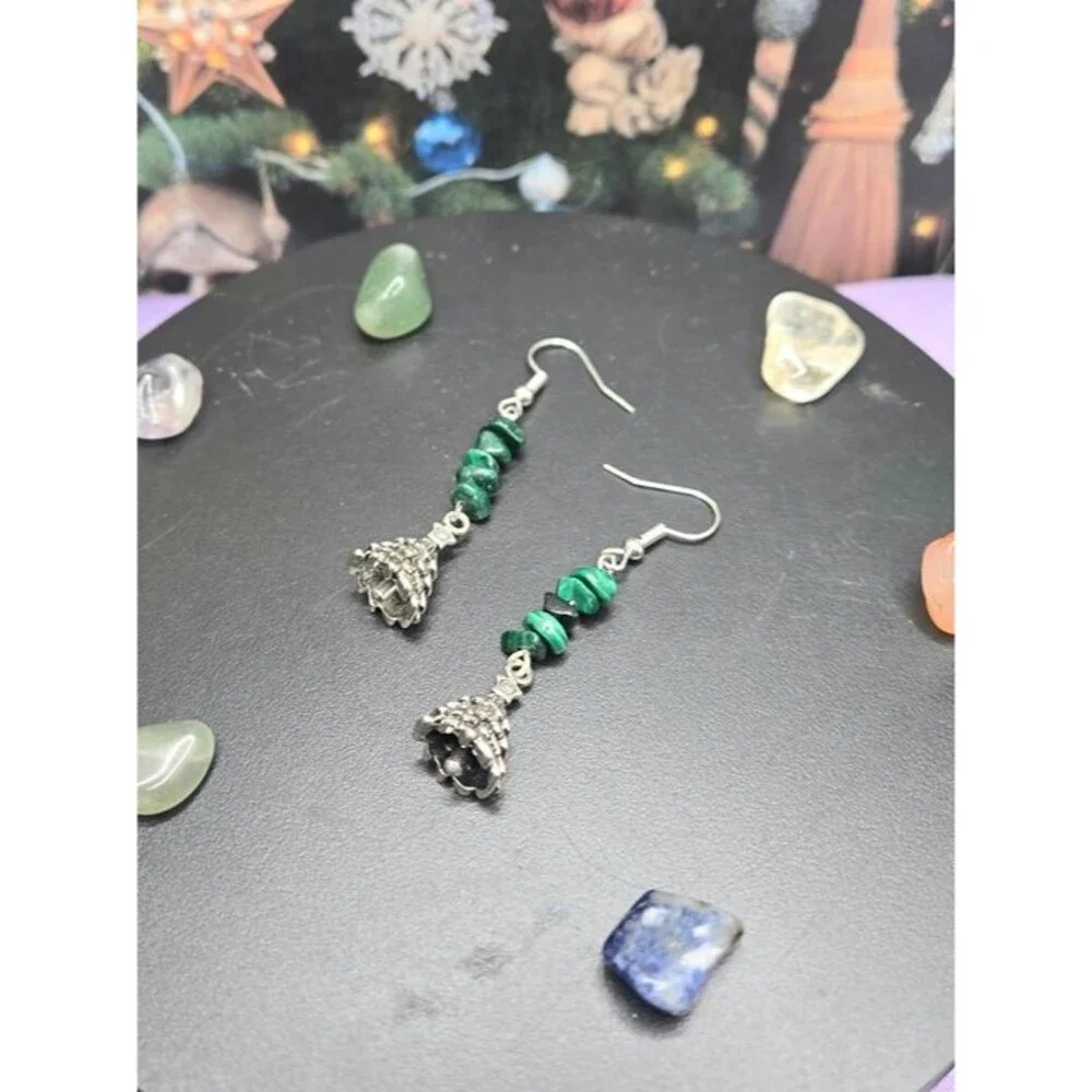Malachite Chips Christmas Tree Charm Gemstone Festive Earrings